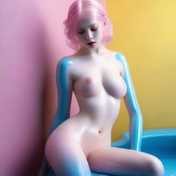 An ultra high-resolution, realistic photograph taken with a Nikon camera unveils a young woman with milky skin in latex transparent white stockings