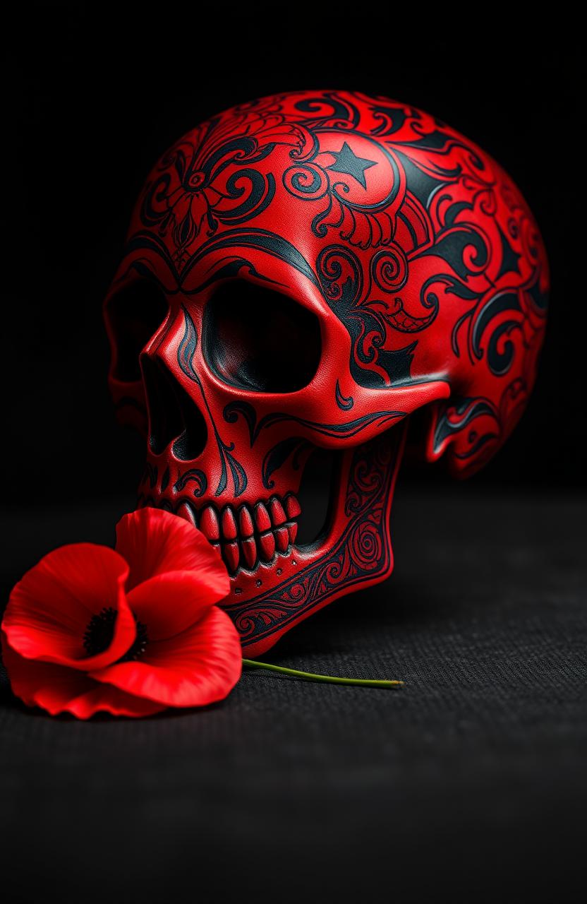 An artistic depiction of a skull, intricately designed in shades of red and black, with a vibrant red poppy delicately placed beside it