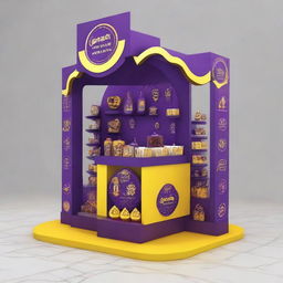 Design a Cadbury display stand inspired by Ramadan with dimensions 240x160x150 cm. Incorporate Islamic shapes, glass materials, soft lighting, and shelves adorned with Ramadan lanterns, creating a captivating haven for chocolate enthusiasts.