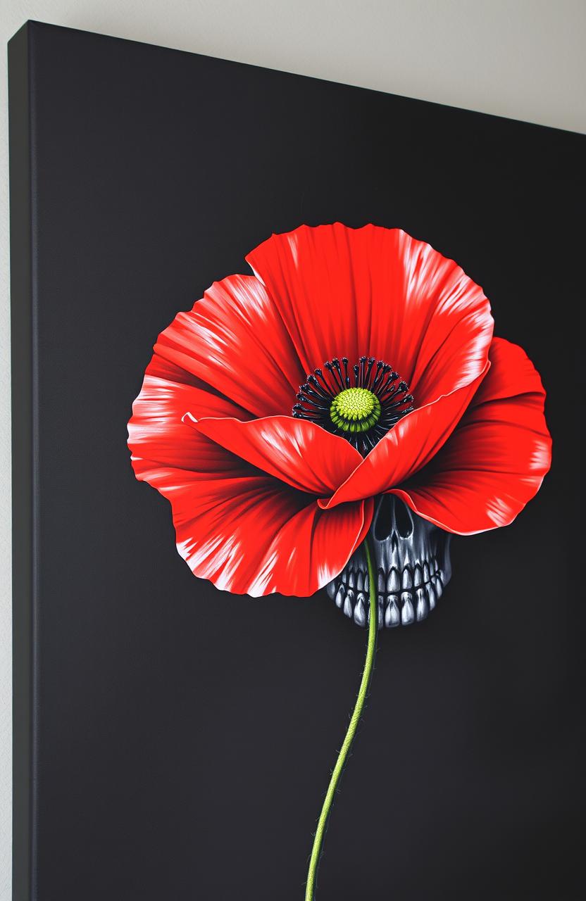 A striking canvas art piece featuring a vibrant red poppy juxtaposed against a detailed black skull