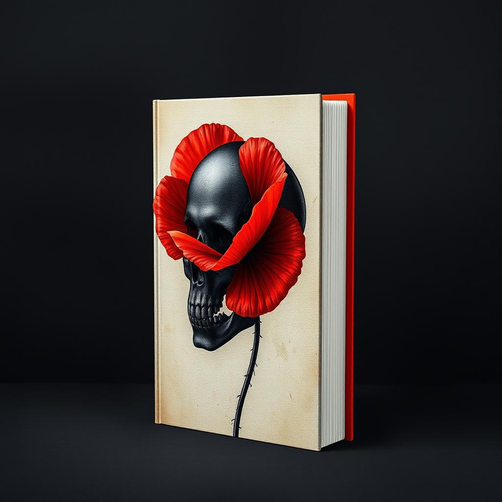A captivating book cover design featuring a striking red poppy intertwined with a detailed black skull, creating a bold and intriguing visual impact