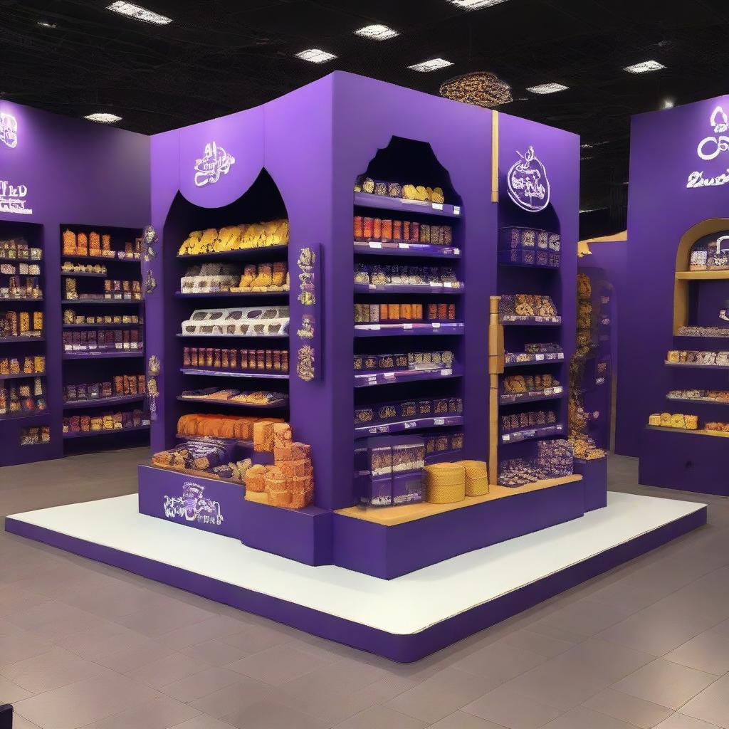 Design a Cadbury display stand inspired by Ramadan with dimensions 240x160x150 cm. Incorporate Islamic shapes, glass materials, soft lighting, and shelves adorned with Ramadan lanterns, creating a captivating haven for chocolate enthusiasts.