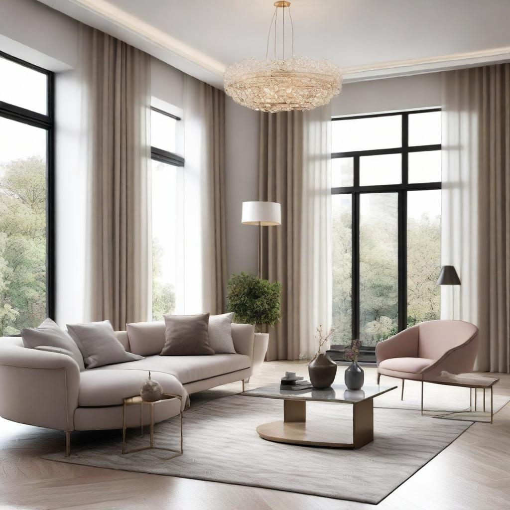 A stylish and luxurious living room, decorated with modern furniture, infused with calming and soothing tones, and highlighted by abundant natural light.