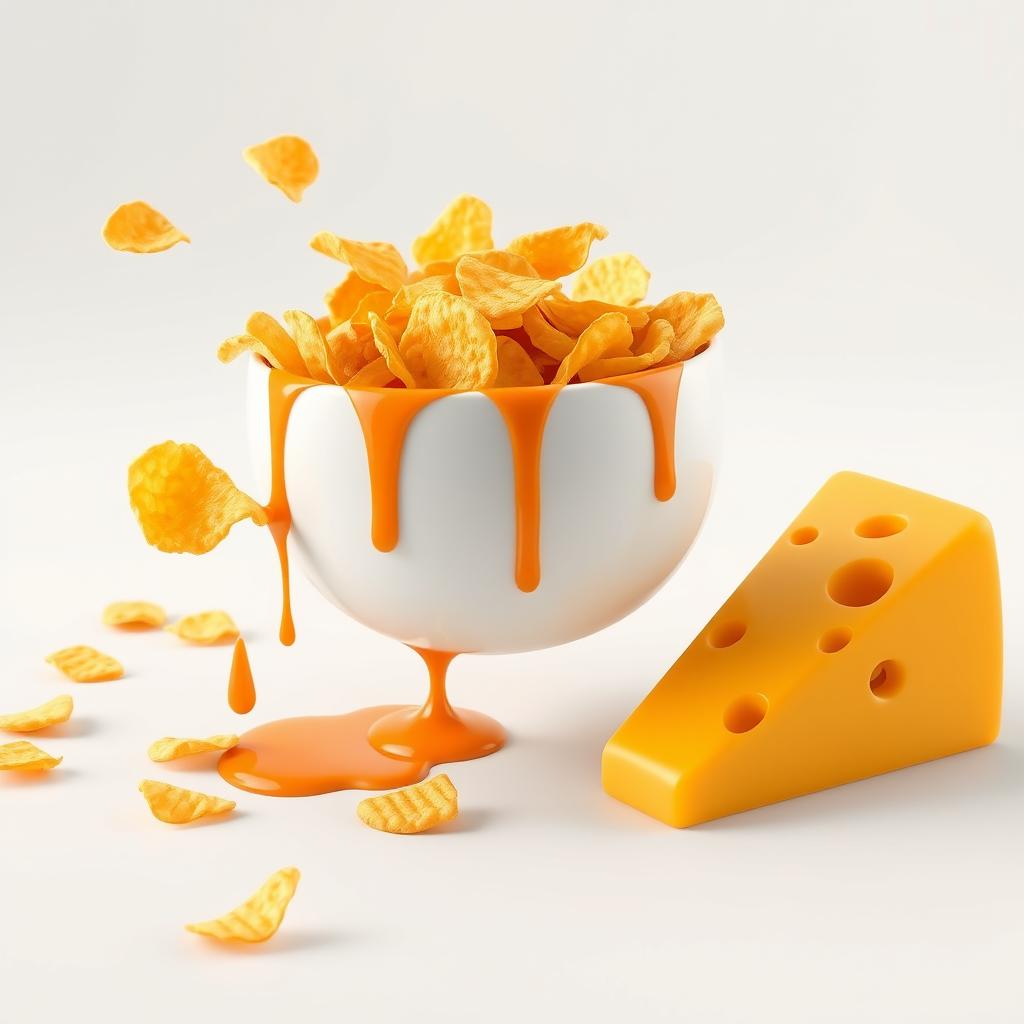 A highly detailed 3D render of a flying white bowl overflowing with crispy potato chips, with vibrant orange sauce dripping off the sides