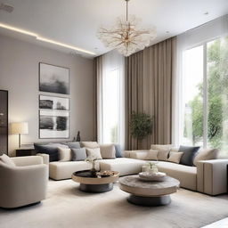 A stylish and luxurious living room, decorated with modern furniture, infused with calming and soothing tones, and highlighted by abundant natural light.