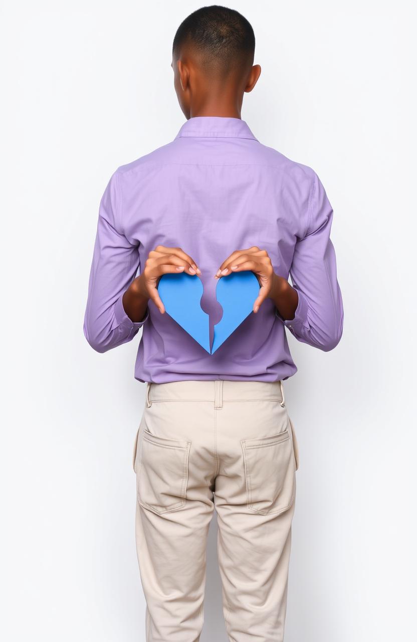 A slender young man with light brown skin wearing a lilac shirt and beige pants is seen from behind