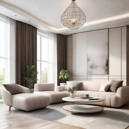 A stylish and luxurious living room, decorated with modern furniture, infused with calming and soothing tones, and highlighted by abundant natural light.