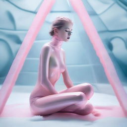 In this high-resolution digital art, a young woman is depicted trapped inside a glass pyramid