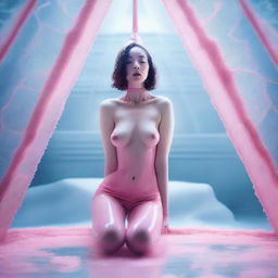 In this high-resolution digital art, a young woman is depicted trapped inside a glass pyramid