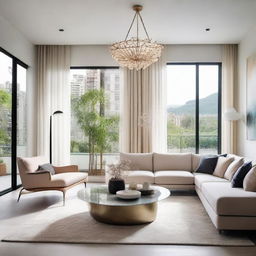 A stylish and luxurious living room, decorated with modern furniture, infused with calming and soothing tones, and highlighted by abundant natural light.