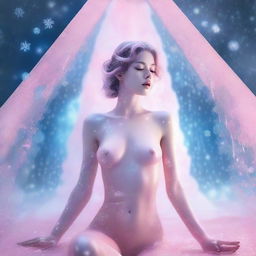 A high-resolution digital art piece showcasing a young woman encased within a glass pyramid