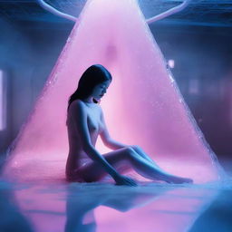 This high-resolution digital art piece captures a young woman confined within a glass pyramid