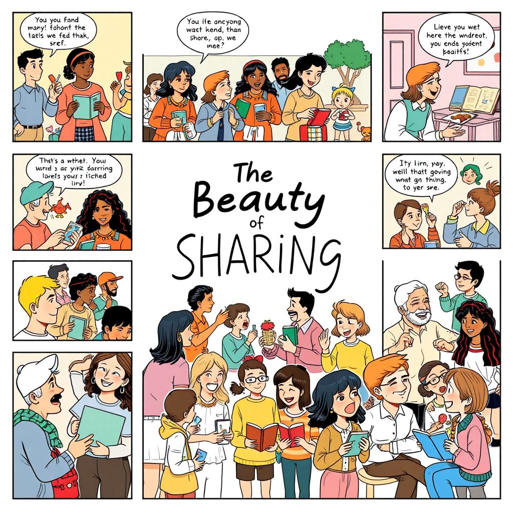 An A4 size comic page illustrating the theme "The Beauty of Sharing"