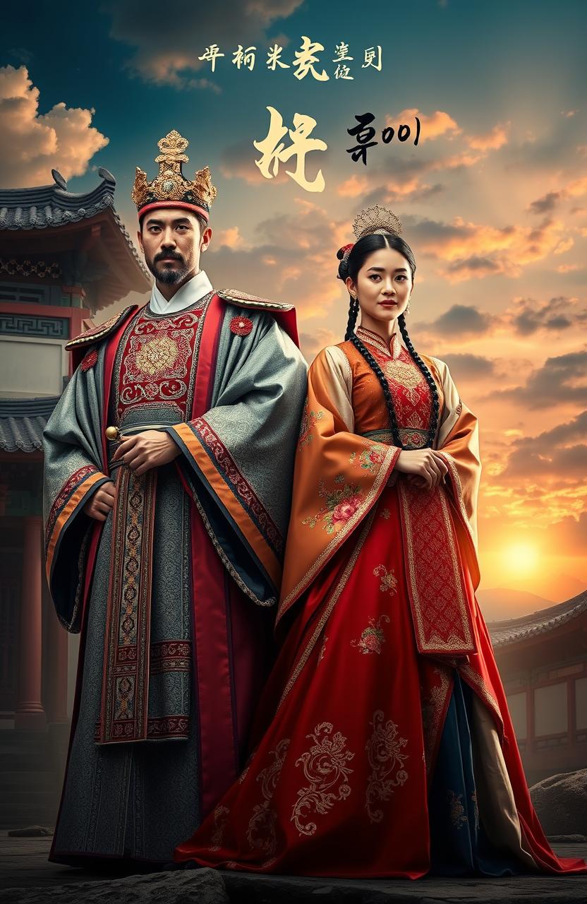 A stunning cover design for an epic historical book, featuring the Crown Prince of Joseon, dressed in traditional Korean royal attire with intricate patterns and rich colors, portraying strength and nobility