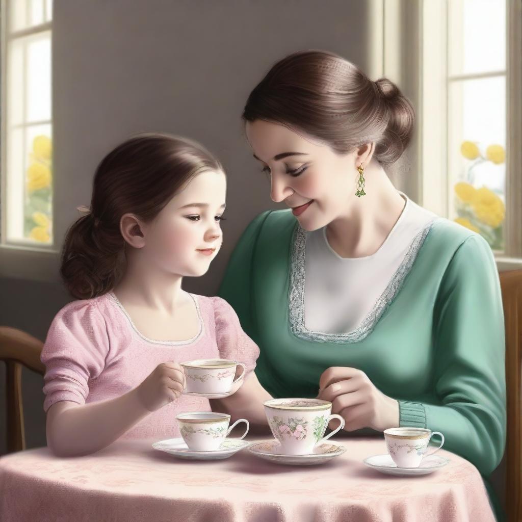 A high-quality digital art image of a mother and her daughter enjoying their tea time