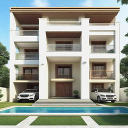 Exterior view of a luxurious 6BHK (6 Bedroom Hall Kitchen) house with a landscaped garden and modern architectural style