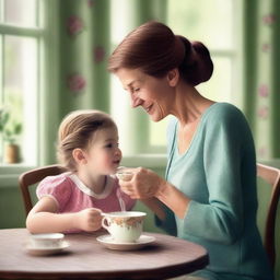 A high-quality digital art image of a mother and her daughter enjoying their tea time