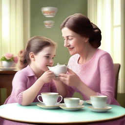 A high-quality digital art image of a mother and her daughter enjoying their tea time