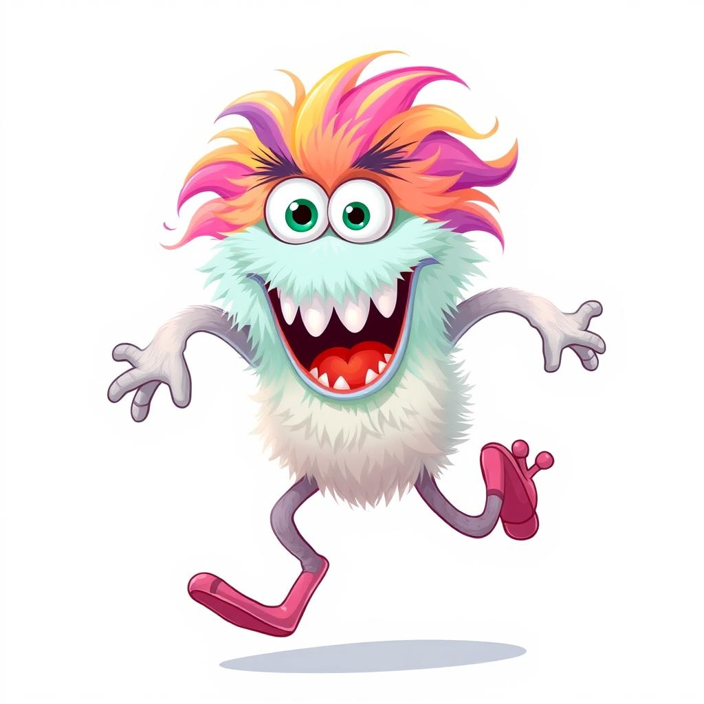 A hilarious fluffy monster depicted in mid-run and mid-jump, showcasing its playful personality