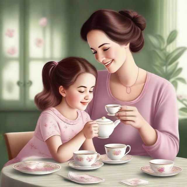 A high-quality digital art image of a mother and her daughter enjoying their tea time