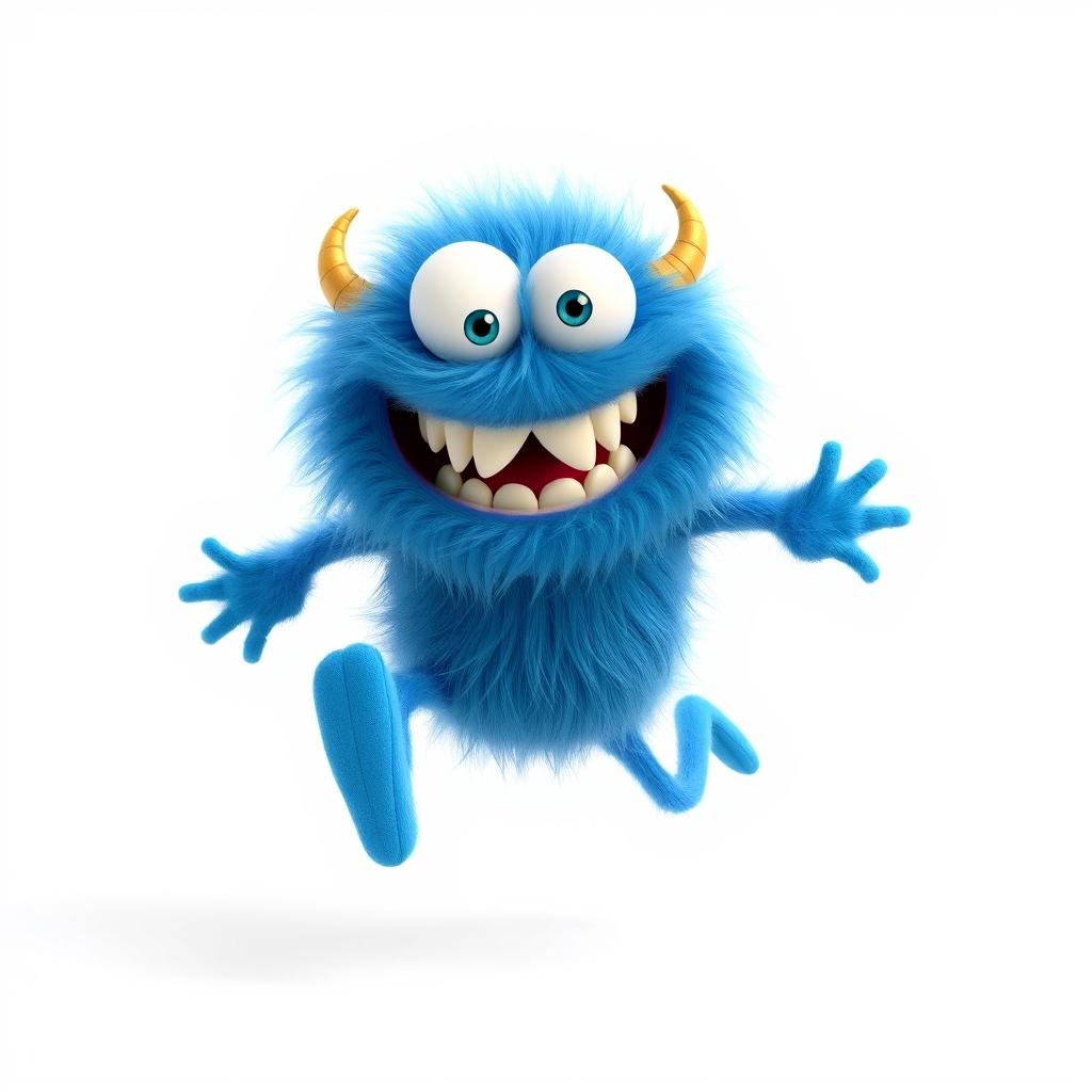 A 3D render of a hilarious blue fluffy monster in mid-run and mid-jump, showcasing its playful and comical nature