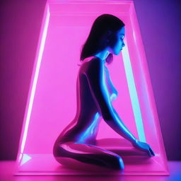 A high-resolution digital art piece depicts a young woman encased within a glass pyramid