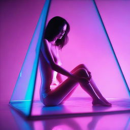 A high-resolution digital art piece depicts a young woman encased within a glass pyramid