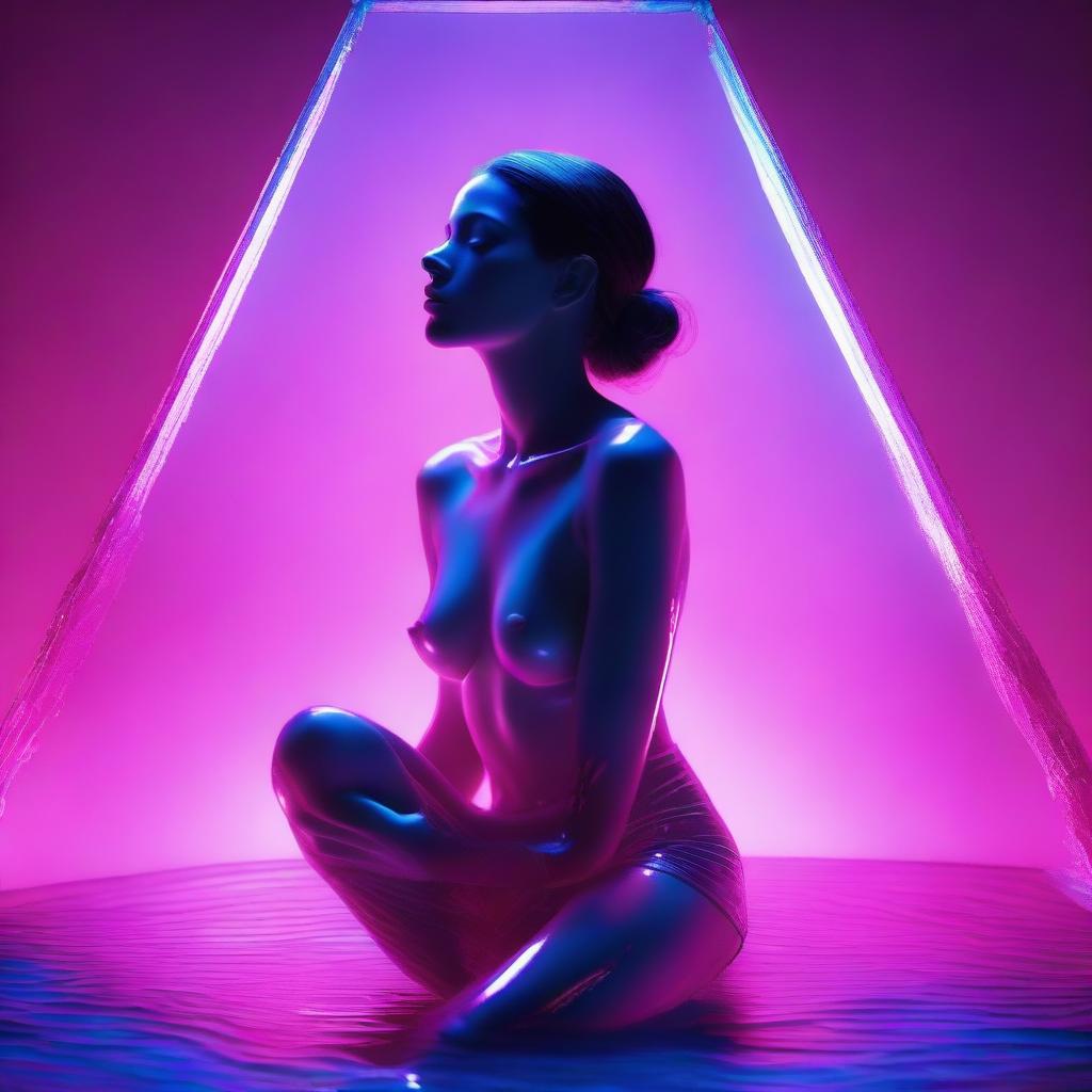 A high-resolution digital art piece depicts a young woman encased within a glass pyramid