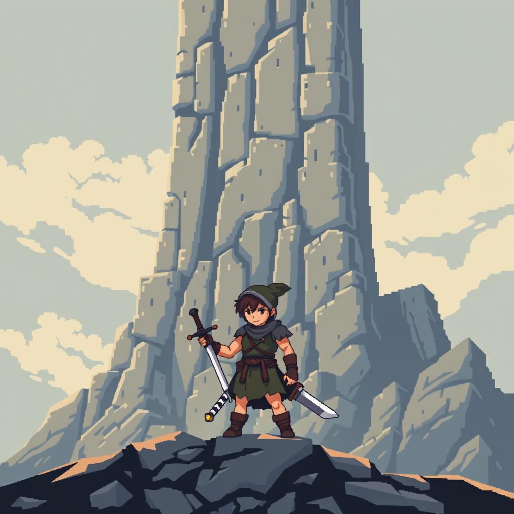 A pixel art character depicted as a lone warrior, standing confidently at the base of a towering structure, representing a challenge to climb and prove their strength