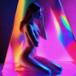 This high-resolution digital art piece, captured with the precision of a Reflex Nikon, portrays a young woman ensnared within a glass pyramid