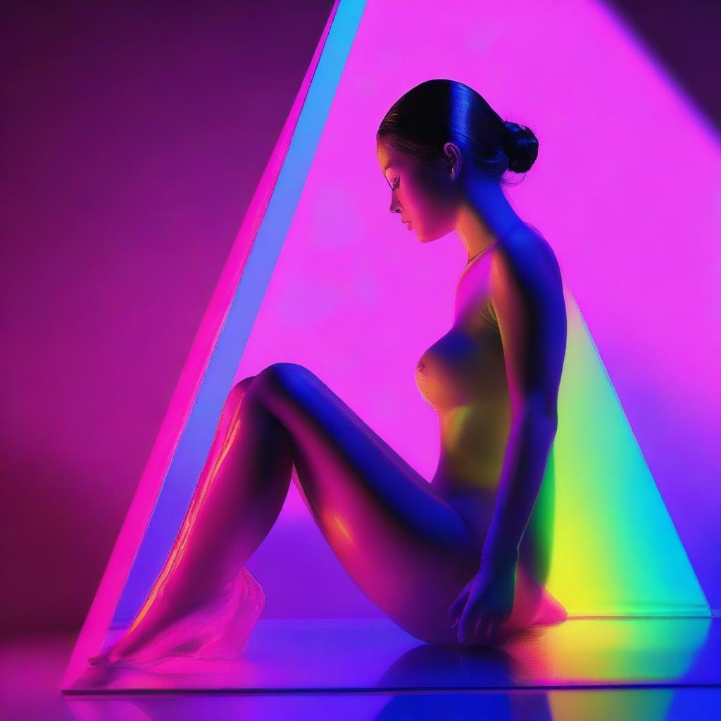 This high-resolution digital art piece, captured with the precision of a Reflex Nikon, portrays a young woman ensnared within a glass pyramid