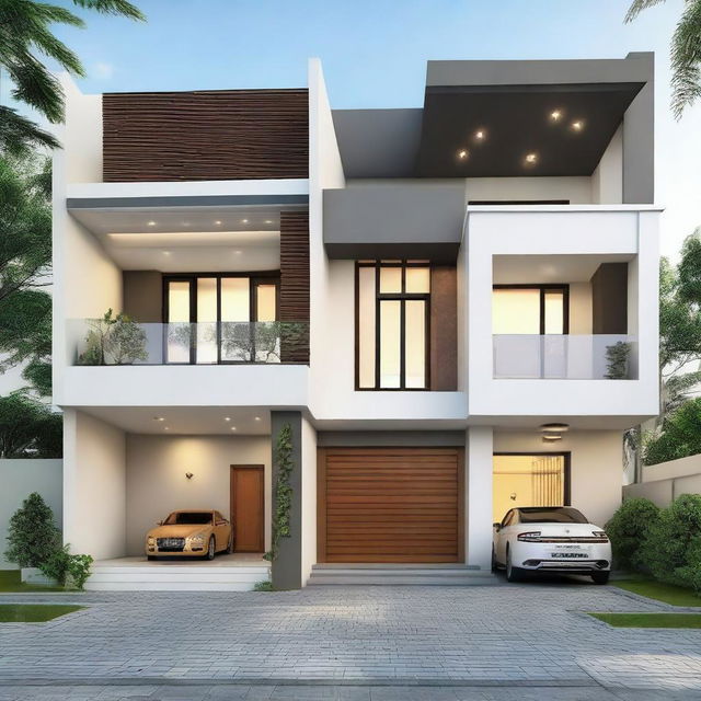 Exterior view of a luxurious 6BHK (6 Bedroom Hall Kitchen) house with a landscaped garden and modern architectural style