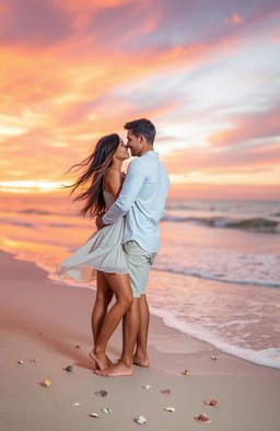 A romantic scene depicting a couple who have been in love for three years, standing together on a picturesque beach at sunset