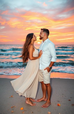 A romantic scene depicting a couple who have been in love for three years, standing together on a picturesque beach at sunset