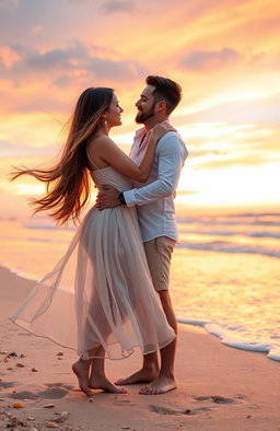 A romantic scene depicting a couple who have been in love for three years, standing together on a picturesque beach at sunset