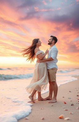A romantic scene depicting a couple who have been in love for three years, standing together on a picturesque beach at sunset