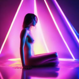 A high-resolution digital art image, captured with the sharpness of a Reflex Nikon, depicts a young woman encased within a glass pyramid