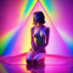 A high-resolution digital art image, captured with the sharpness of a Reflex Nikon, depicts a young woman encased within a glass pyramid