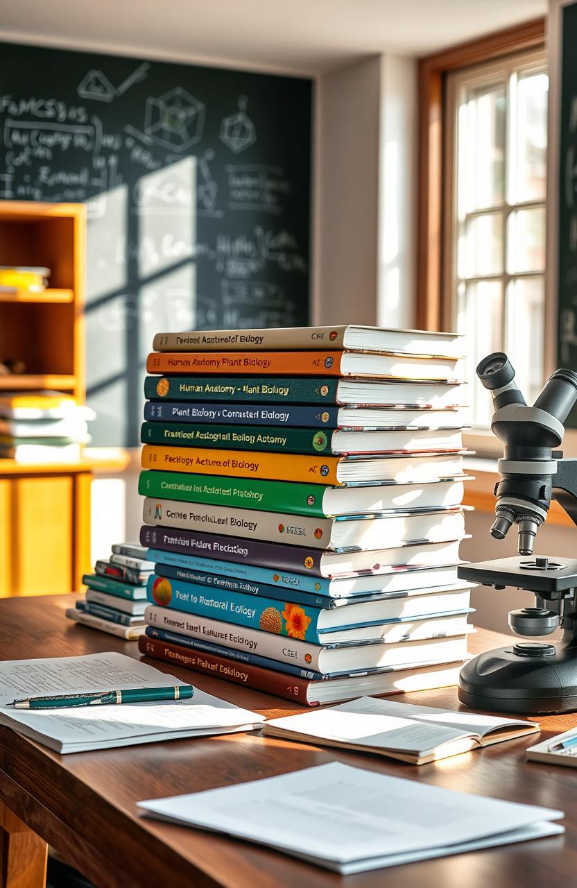 An array of colorful and engaging biology lecture books stacked neatly on a wooden table, surrounded by notes and a microscope