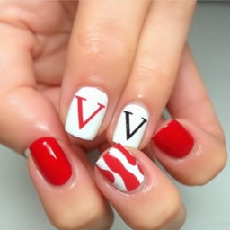 A stylish nail design featuring a combination of red and white colors