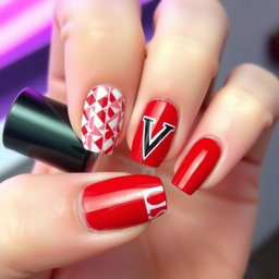 A stylish nail design featuring a combination of red and white colors