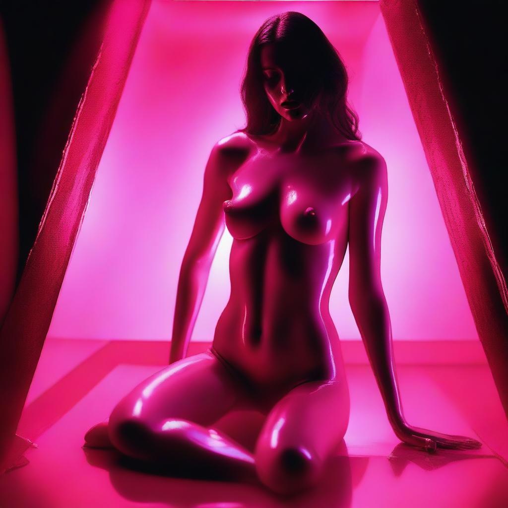 This high-resolution digital art image, taken with the precision of a Reflex Nikon, portrays a young woman confined within a glass pyramid