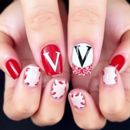 A stylish nail design featuring a combination of red and white colors
