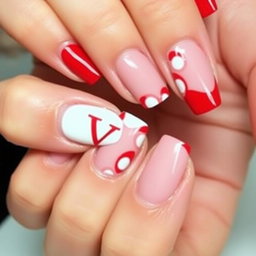 A stylish nail design featuring a combination of red and white colors
