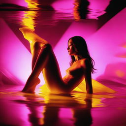 A high-resolution digital art image, captured with the sharpness of a Reflex Nikon, depicts a young woman trapped within a glass pyramid filled with yellow water