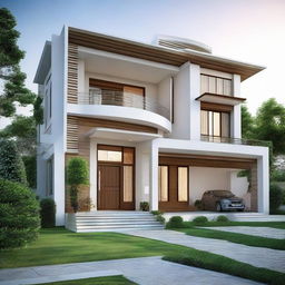 Exterior view of a luxurious 6BHK (6 Bedroom Hall Kitchen) house with a landscaped garden and modern architectural style