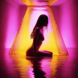 A high-resolution digital art image, captured with the sharpness of a Reflex Nikon, depicts a young woman trapped within a glass pyramid filled with yellow water