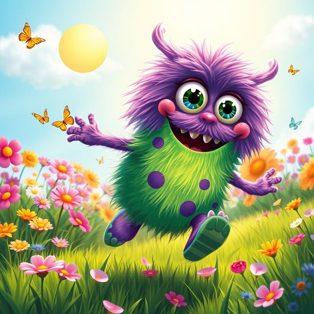 A joyful, colorful monster with big eyes and a wide smile, energetically running through a vibrant, whimsical landscape