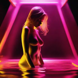 A high-resolution digital art image, captured with the sharpness of a Reflex Nikon, depicts a young woman trapped within a glass pyramid filled with yellow water