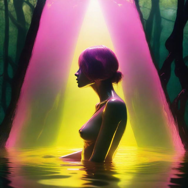 A high-resolution digital art image, rendered with the precision of a Reflex Nikon, portrays a young woman trapped within a glass pyramid filled with yellow water